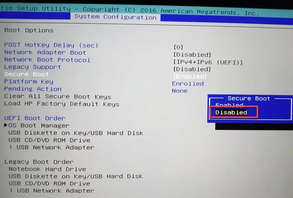 Disable UEFI Secure Boot on HP laptop