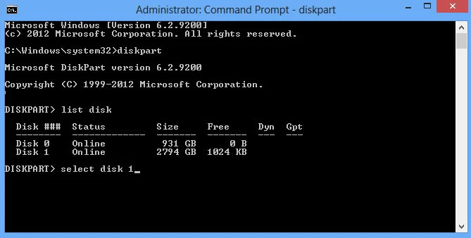 Diskpart command list